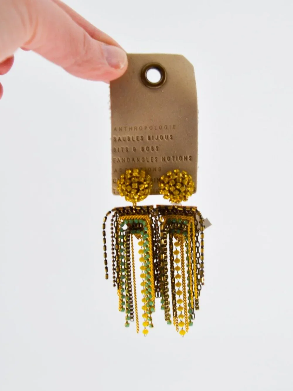 NWT Anthropologie Rhinestone Fringe Tassel Earrings Yellow Gold Blue